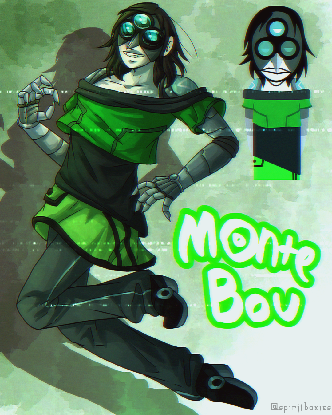 illustration of monk with longer hair and a different, bright green, cyber grunge style outfit. his three eyes are blue instead of orange. a polo version of this designis in the top right. text in the bottom right reads 'monte bou'